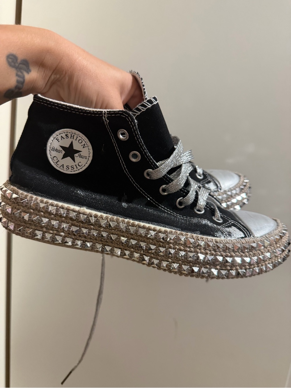 Black Studded High-Top Canvas Sneakers with Silver Accents
